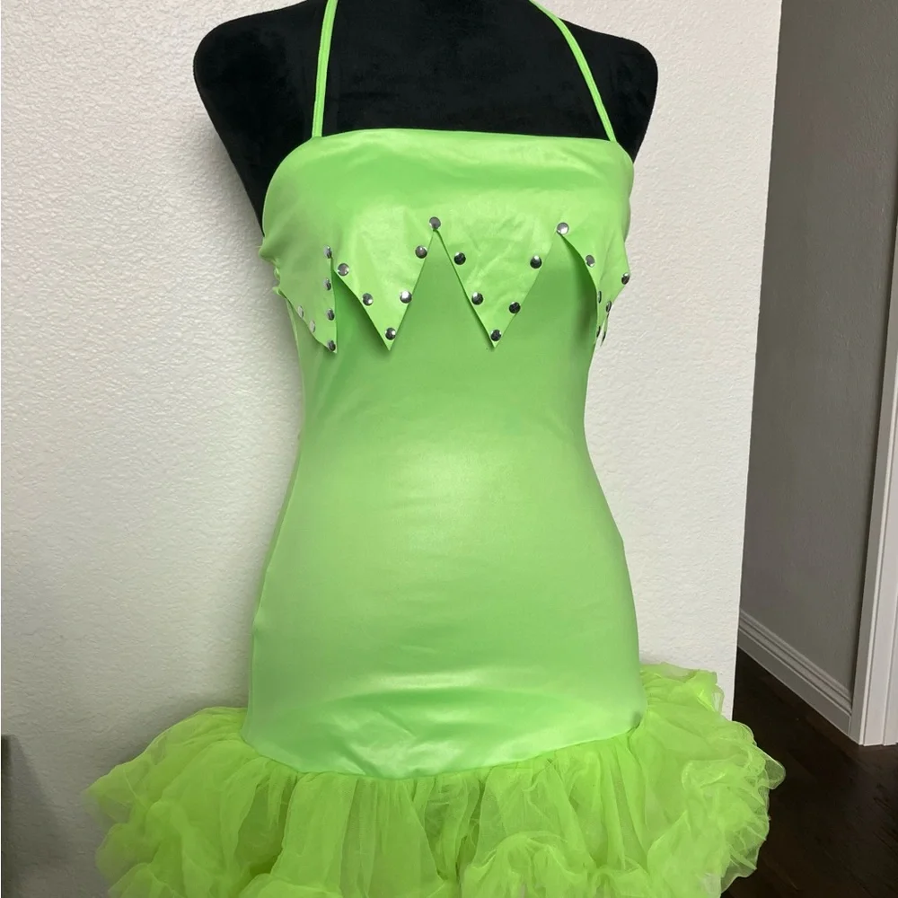Green Fairy Sexy Tinkerbell Halloween Costume Tink Halter Dress Petticoat Studs - Picture 3 of 7